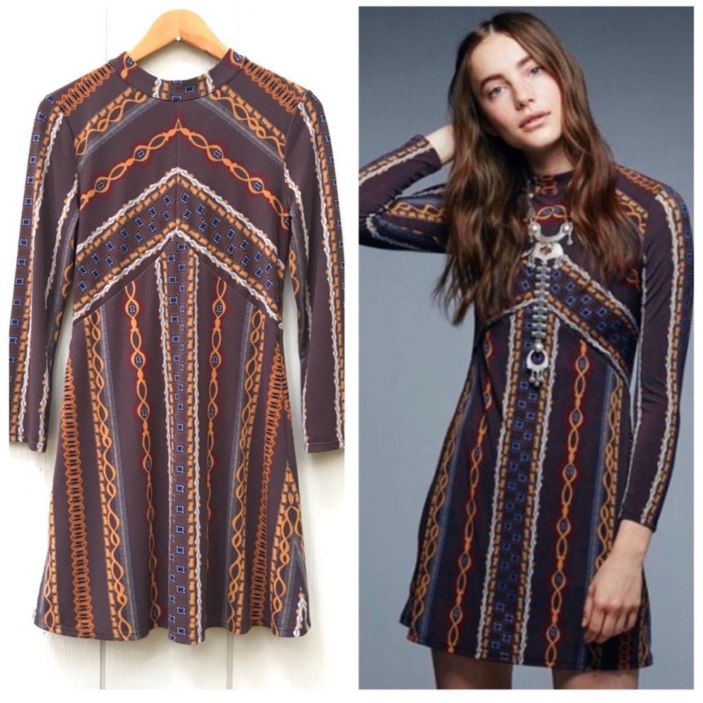 Free People Stella Retro Mod Multicolor Earth-tone Fall Mini Dress Size XS brown